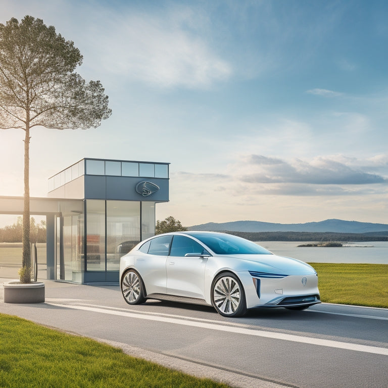 A futuristic, sleek electric car on a white background, with a subtle grid pattern of charging stations and roads in the background, surrounded by minimalist icons of a house, money, and a clock.