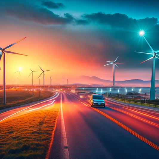 A futuristic cityscape at dusk with sleek, silver electric vehicles zooming by, their LED lights illuminating the road, surrounded by wind turbines and solar panels in the background.