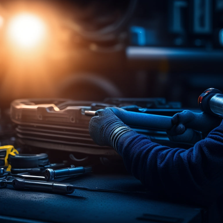 A close-up shot of a mechanic's hands holding a wrench, surrounded by transmission parts and tools, with a blurred-out sports car in the background, illuminated by a bright garage light.