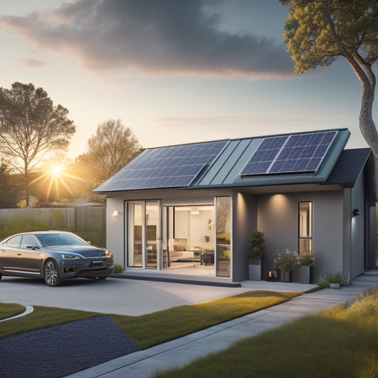 A modern home exterior with a sleek, wall-mounted battery pack, surrounded by solar panels on the roof, and a subtle electrical grid in the background, with a few tools and wires scattered around.