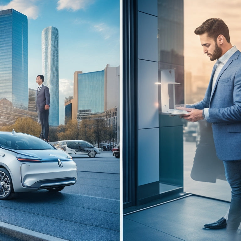 A split-screen illustration featuring a sleek, silver electric vehicle in a cityscape on one side, and a person standing in front of a whiteboard with puzzle pieces and a question mark on the other.