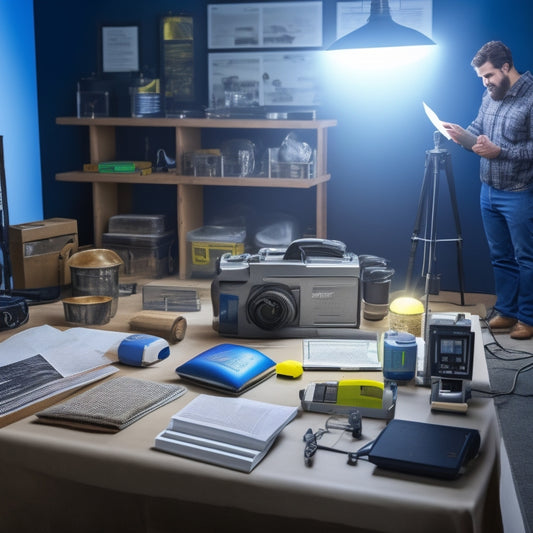 An illustration of a person holding a clipboard, standing in a room with various DIY energy audit tools scattered around, including a thermal imaging camera, LED light bulbs, and a Kill A Watt meter.