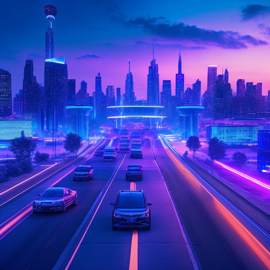 An illustration of a futuristic cityscape at dusk, with a fleet of electric vehicles navigating through roads, surrounded by glowing blue routes and charging stations, set against a dark blue and purple sky.