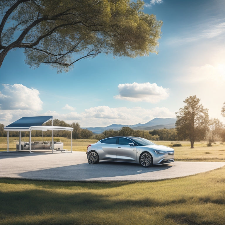 A serene landscape featuring a sleek, silver electric vehicle parked under a canopy of photovoltaic panels, with a bright blue sky and fluffy white clouds in the background.