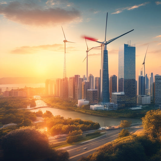 An illustration of a thriving cityscape at sunset, with sleek, modern skyscrapers and wind turbines in the foreground, surrounded by lush greenery and a bright, sunny sky.