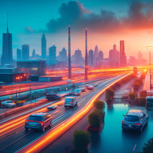 A futuristic cityscape at dusk, with sleek electric vehicles zooming past a bustling streetscape, amidst a backdrop of factory smokestacks and charging stations, with a subtle grid of circuit boards overlaying the scenery.