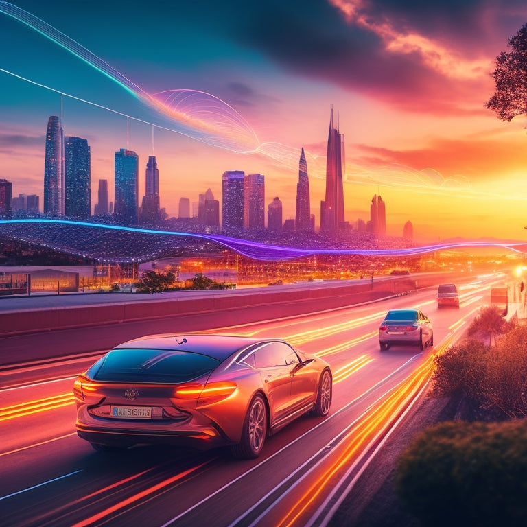 A stylized illustration of a cityscape at sunset, with sleek, modern electric vehicles driving by, surrounded by bright, swirling energy lines and bursts of light, conveying a sense of innovation and momentum.