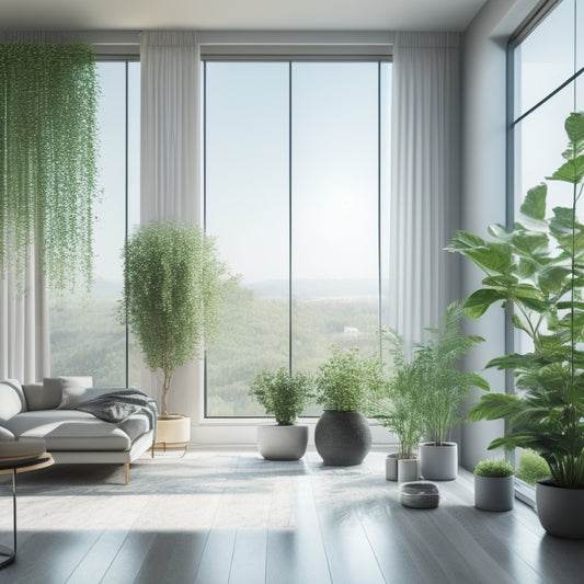 A serene, minimalist interior with automated shades partially open, allowing soft, filtered natural light to illuminate a lush green plant, surrounded by eco-friendly decor and a subtle cityscape view outside.