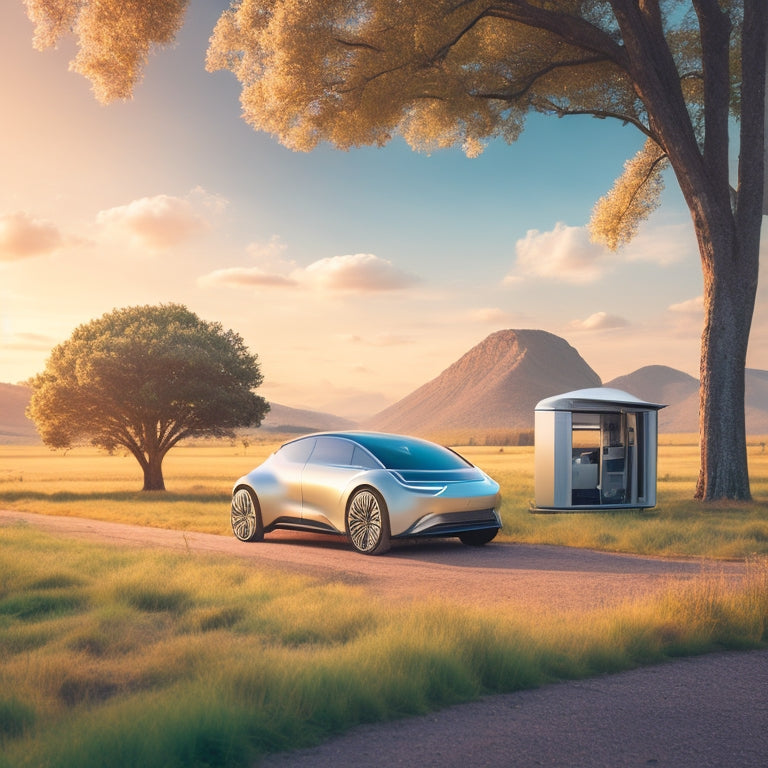 An illustration of a futuristic, sleek, electric vehicle parked in a serene, natural environment, connected to a compact, high-tech off-grid inverter, with solar panels and a wind turbine in the background.