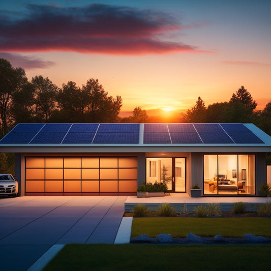 A serene, modern home at sunset with solar panels on the roof, a sleek battery system in the garage, and a faint grid of electrical circuits glowing softly in the walls.