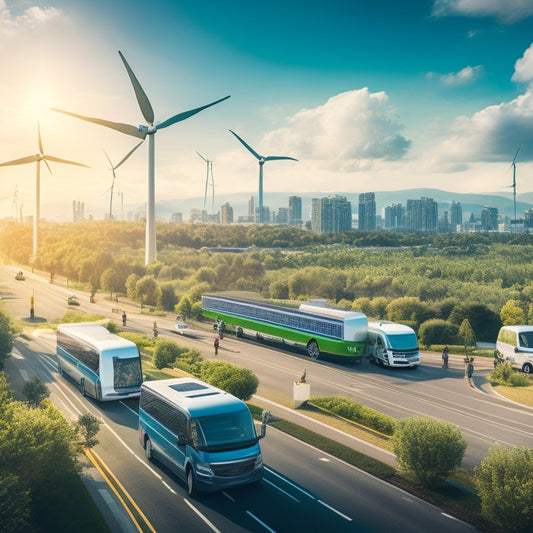 An illustration of a cityscape with a fleet of electric and hybrid vehicles, including vans, trucks, and buses, amidst lush greenery, with solar panels and wind turbines in the background.