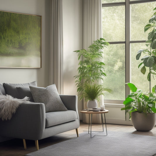 A serene living room with lush greenery, a sleek air purifier in the corner, and a subtle hint of freshness conveyed through gentle, swirling mist and soft, natural light.