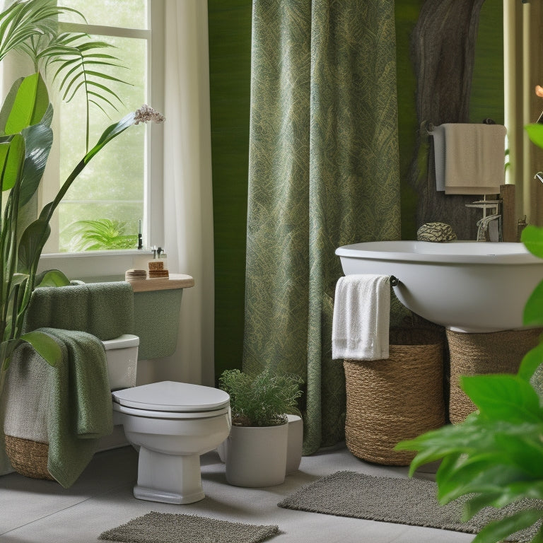 A serene bathroom scene featuring a bamboo toilet brush, woven seagrass storage baskets, and a shower curtain with a botanical print, surrounded by lush greenery and a few strategically placed river rocks.