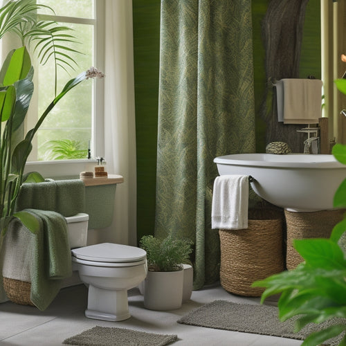 A serene bathroom scene featuring a bamboo toilet brush, woven seagrass storage baskets, and a shower curtain with a botanical print, surrounded by lush greenery and a few strategically placed river rocks.