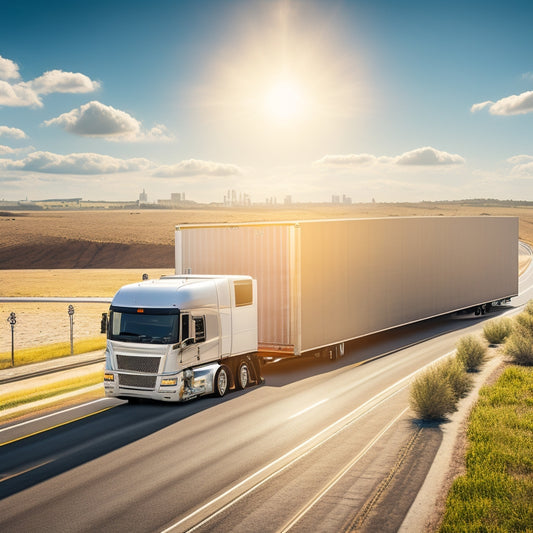 An illustration of a semi-truck with solar panels on its trailer, driving on a highway surrounded by sunny skies and fluffy white clouds, with a subtle background of factories and warehouses.