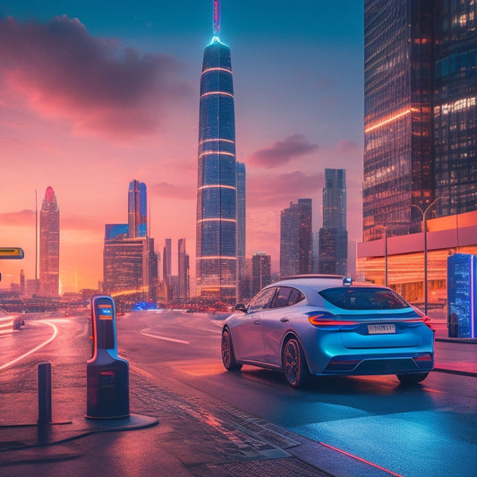 A futuristic cityscape at dusk with sleek, electric vehicles zooming by, surrounded by neon lights and futuristic buildings, with a prominent electric car charging station in the foreground.