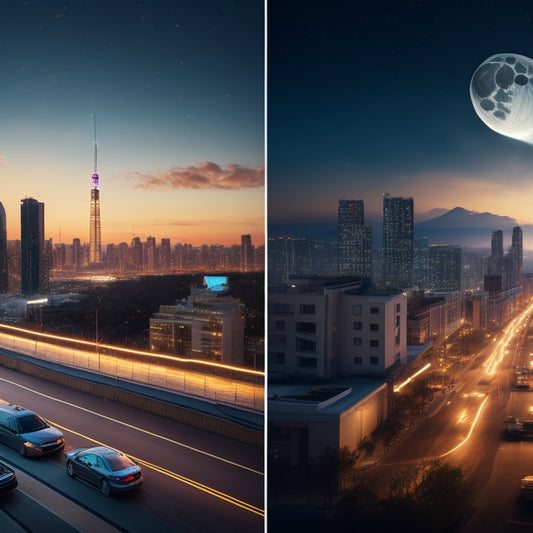 A split-screen illustration: a day-night cityscape with a sun on the left and a moon on the right, connected by a flowing waveform of electricity, intersecting with a home battery icon.