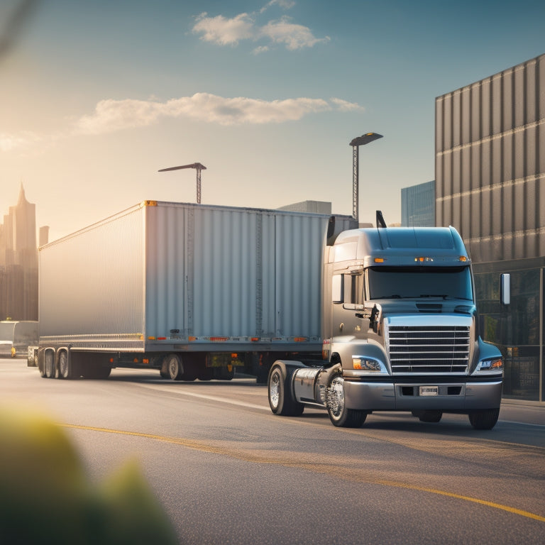 A stylized illustration of a commercial vehicle, such as a semi-truck, parked in a professional office parking lot, surrounded by briefcases and laptops, with a blurred cityscape in the background.