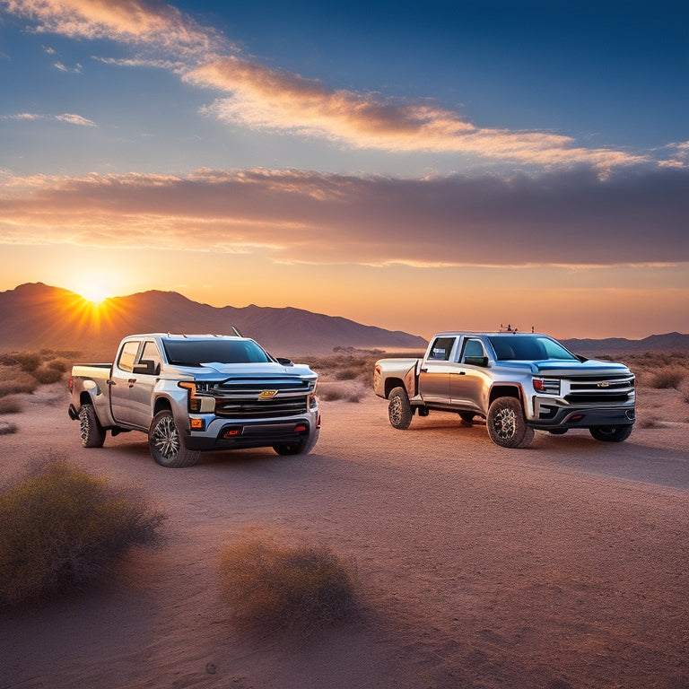 A dramatic, low-angle shot of a silver Chevrolet Silverado EV and a dark-colored competitor's electric pickup truck facing off in a desert landscape at sunset, with bold, dynamic lighting.