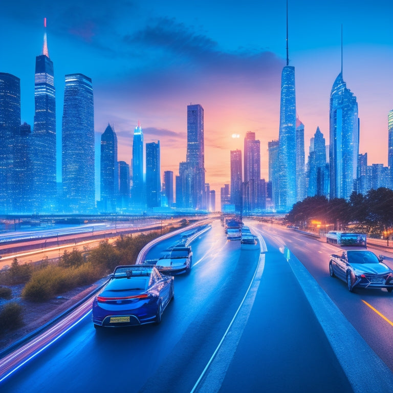 A futuristic cityscape at dusk, with sleek, silver electric cars zipping by, their LED lights illuminating the road, amidst a backdrop of neon-lit skyscrapers and a vibrant, electric blue sky.