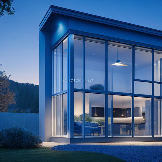An illustration of a modern home with double-glazed windows, thermal heat escaping from a single-glazed window in the background, and a subtle blue glow around the double-glazed window to represent energy efficiency.