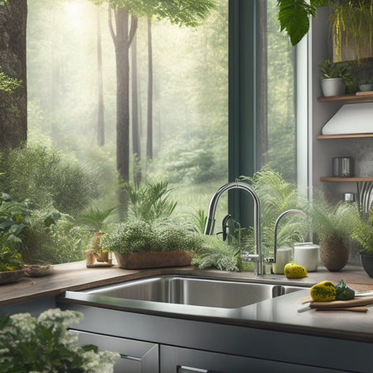 A serene kitchen scene with a stainless steel rainwater filtration system installed under the sink, surrounded by lush greenery, and a few clear glasses filled with sparkling rainwater on the countertop.