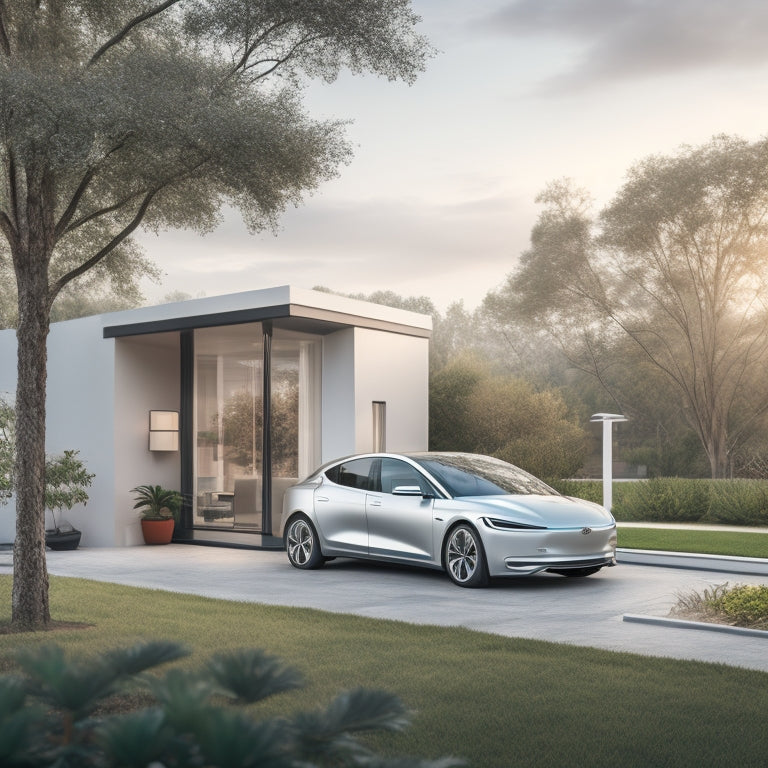 An illustration depicting a sleek, silver electric vehicle parked in front of a modern, minimalist home, with a visible charging station and a subtle cityscape in the background, surrounded by lush greenery.