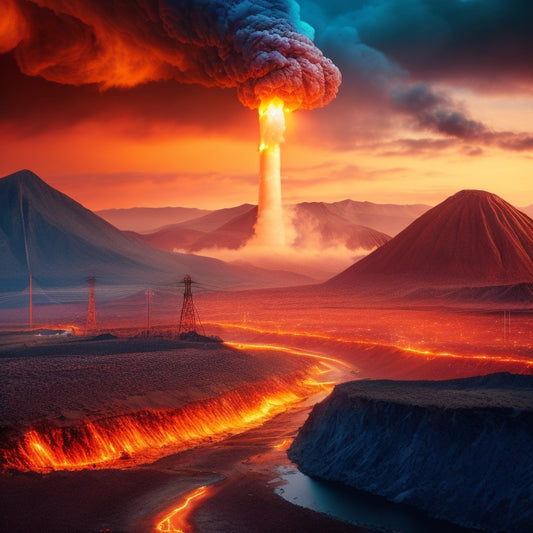 An illustration of the Earth's crust cracked open, revealing steam vents and glowing orange magma, surrounded by turbines, pipes, and a subtle grid of power lines in the background.