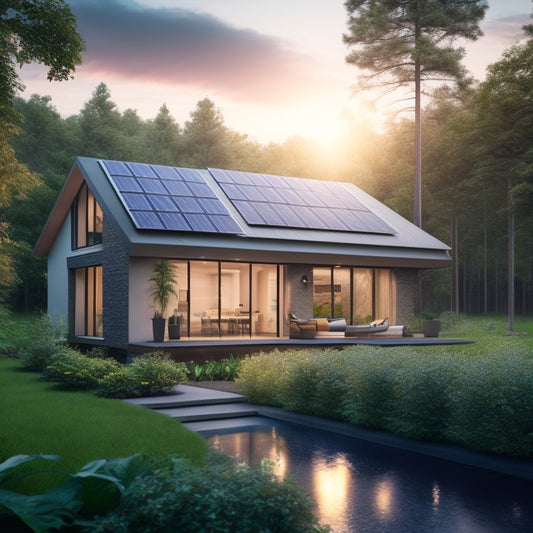 A serene, modern home with solar panels on the roof, surrounded by lush greenery, with a subtle glow emanating from the windows, conveying energy efficiency and eco-friendliness.