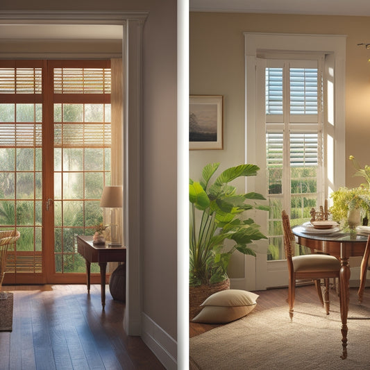 A split-screen image featuring a warm, sunny room with open plantation shutters on the left and a cozy, dimly lit room with closed thermal curtains on the right, highlighting the contrast in natural light and energy efficiency.