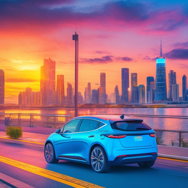 An illustration featuring a sleek, modern electric vehicle parked in front of a cityscape at sunset, with a prominent charging station in the foreground, surrounded by swirling electric blue lines.