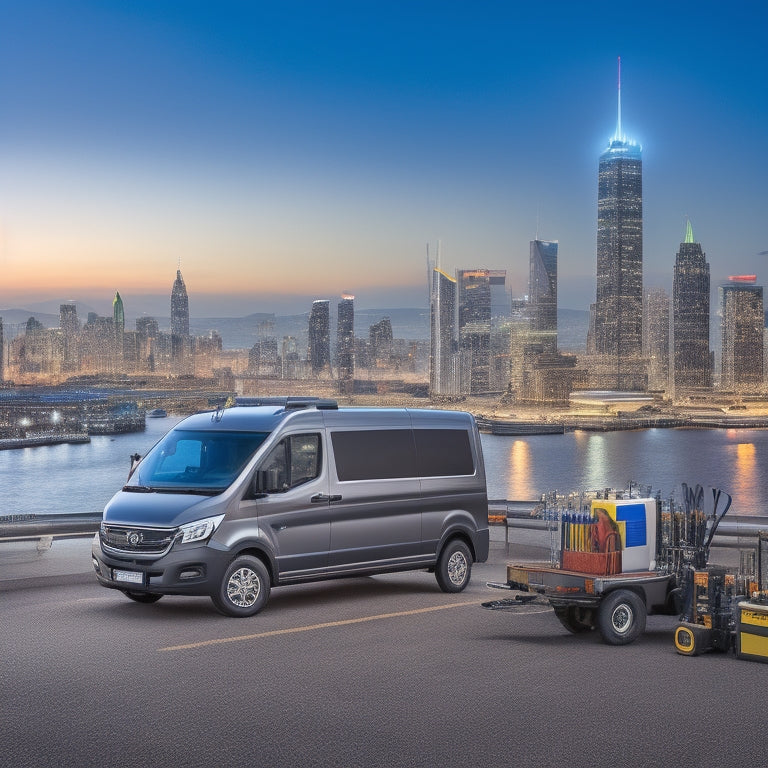 An image depicting a fleet vehicle, such as a delivery van, with a large, detailed battery in the foreground, surrounded by tools like multimeters and wrenches, with a blurred cityscape in the background.