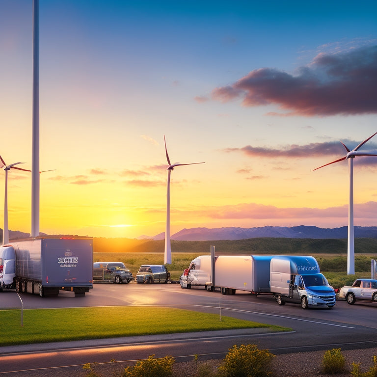 An illustration of a modern truck stop at sunset, with a fleet of electric trucks charging at sleek, solar-powered charging stations, surrounded by lush greenery and wind turbines in the background.