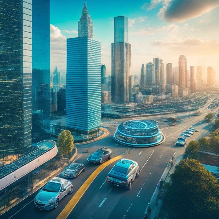 A futuristic cityscape with sleek skyscrapers, electric vehicles zooming by, and a giant puzzle piece fitting into place, surrounded by tiny insurance shields and broker icons in the foreground.