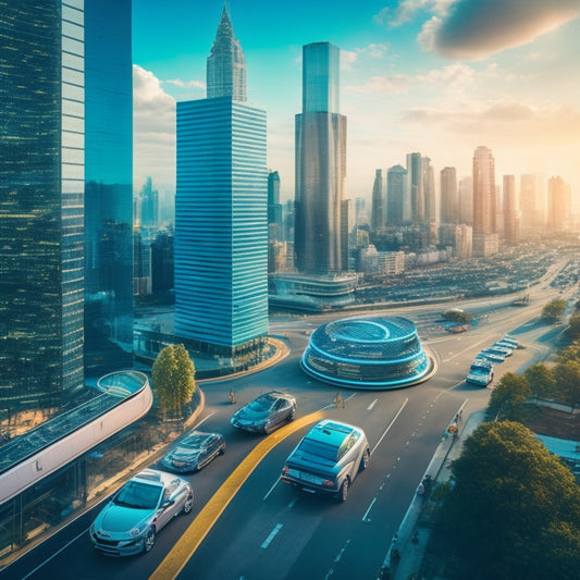 A futuristic cityscape with sleek skyscrapers, electric vehicles zooming by, and a giant puzzle piece fitting into place, surrounded by tiny insurance shields and broker icons in the foreground.