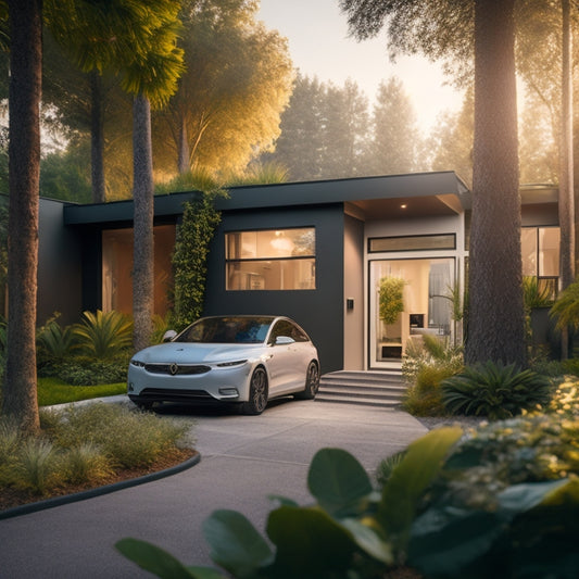 A serene, modern home exterior with a sleek EV parked in the driveway, surrounded by lush greenery, with a subtle glow emanating from a charging station and a smartphone on the doorstep.