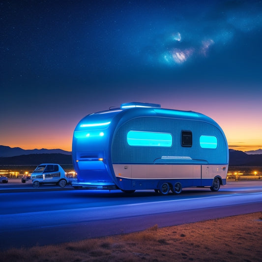 A futuristic, sleek, silver trailer with neon blue accents, surrounded by electric vehicles and futuristic machinery, set against a dark, starry night sky with a cityscape in the background.