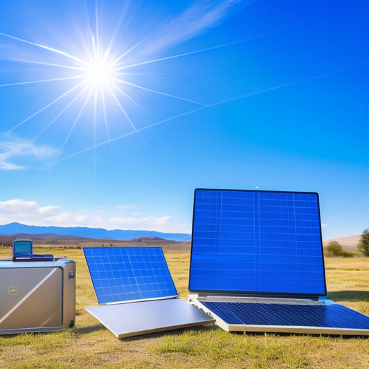 A minimalist illustration featuring a laptop and a solar panel with a battery in the background, surrounded by icons of a shield, a clock, and a thumbs up, set against a bright blue sky.