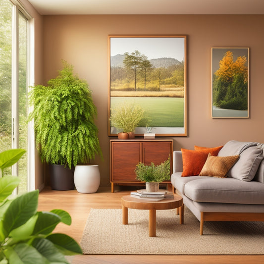 A modern, eco-friendly living room with a sleek thermostat on the wall, surrounded by lush greenery, a geothermal heat pump in the background, and a subtle earthy color scheme.