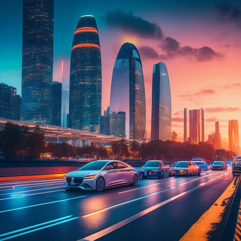 A futuristic cityscape at dusk with sleek electric cars of varying models and colors parked along a modern, curved road, surrounded by neon lights and towering skyscrapers.