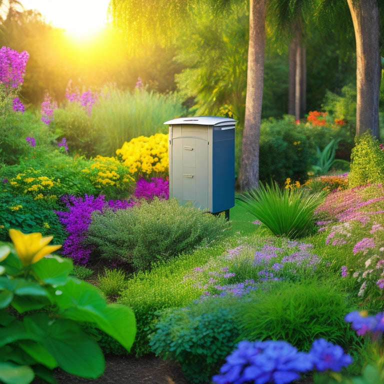 A serene backyard scene featuring a sleek, modern solar composting toilet, surrounded by lush greenery and vibrant flowers, with a subtle hint of steam rising from the unit's vent.