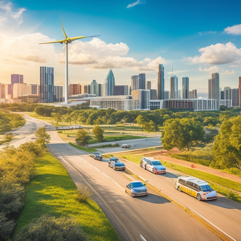 An illustration of the Austin cityscape with a fleet of electric vehicles driving through the streets, surrounded by lush greenery and wind turbines in the background, with a subtle Texas flag pattern in the sky.