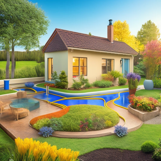 An illustration of a modern home's underground pipes and geothermal system, with colorful temperature gauges, a digital thermostat, and a flourishing garden, surrounded by a subtle, winding earthy pattern.