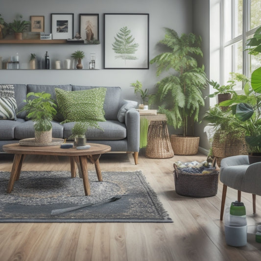 A modern, eco-friendly living room with a sleek, hardwood floor, surrounded by plants, with a few streaks and dirt spots, and a variety of cleaning products and tools in the foreground.