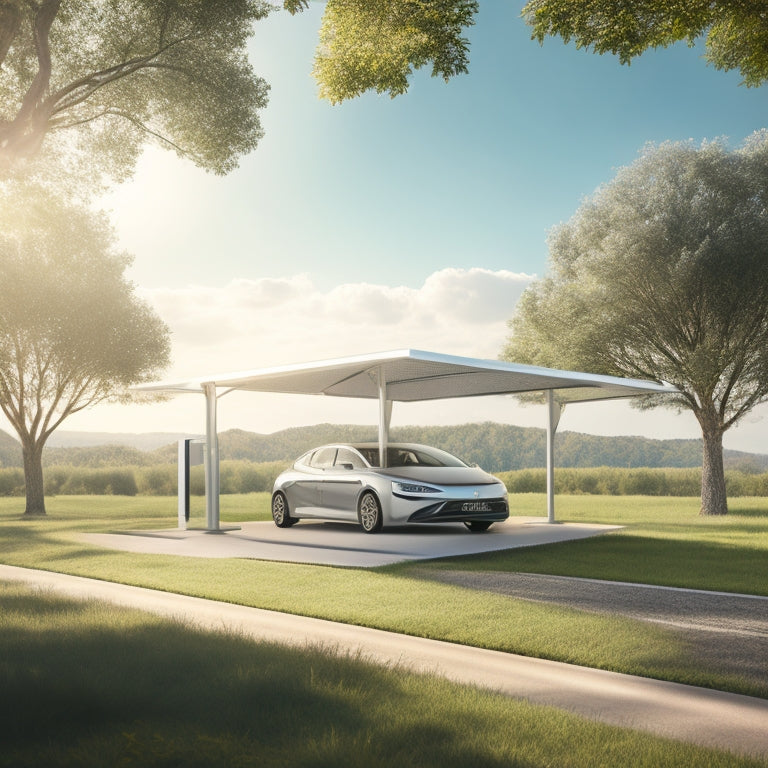 A serene landscape featuring a sleek, silver electric vehicle parked under a canopy of solar panels, with a bright blue sky and lush greenery surrounding the charging station.