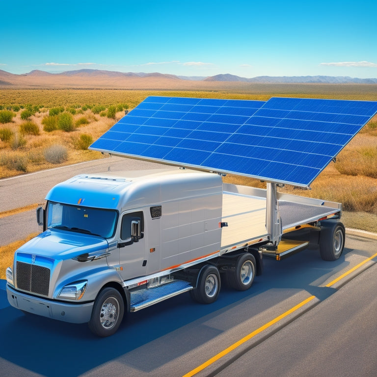 An illustration of a commercial vehicle with various solar panel mounting options: roof-mounted panels, tilting panels on a truck bed, and foldable panels on a trailer's side.