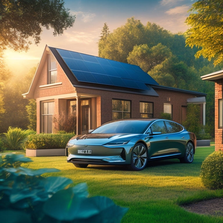 An illustration of a sleek electric vehicle parked in front of a modern, gleaming solar panel array, with a subtle glow emanating from the panels, surrounded by lush greenery.