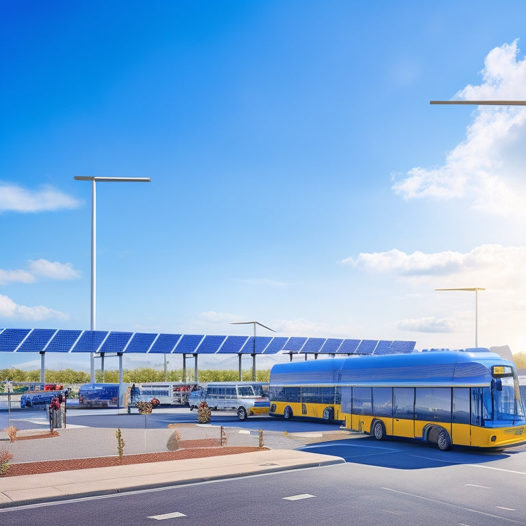 An illustration depicting a fleet of electric vehicles, including buses and trucks, parked in a lot with a large solar panel canopy above, connecting to charging stations, under a bright blue sky.