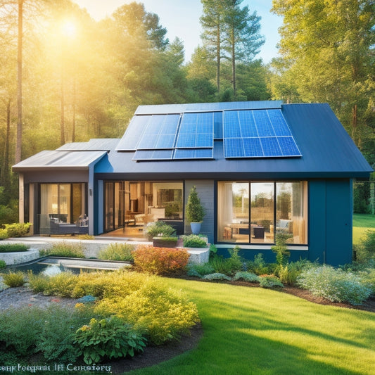 A serene, eco-friendly home with solar panels, triple-glazed windows, and a programmable thermostat, surrounded by lush greenery, with a faint blue recycling symbol subtly integrated into the design.