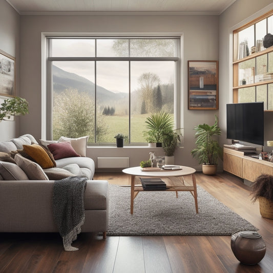 A serene living room with a modern couch, a large window, and a TV on the wall, featuring 3-4 sleek portable home battery backups of varying sizes and designs on a wooden floor or shelf.